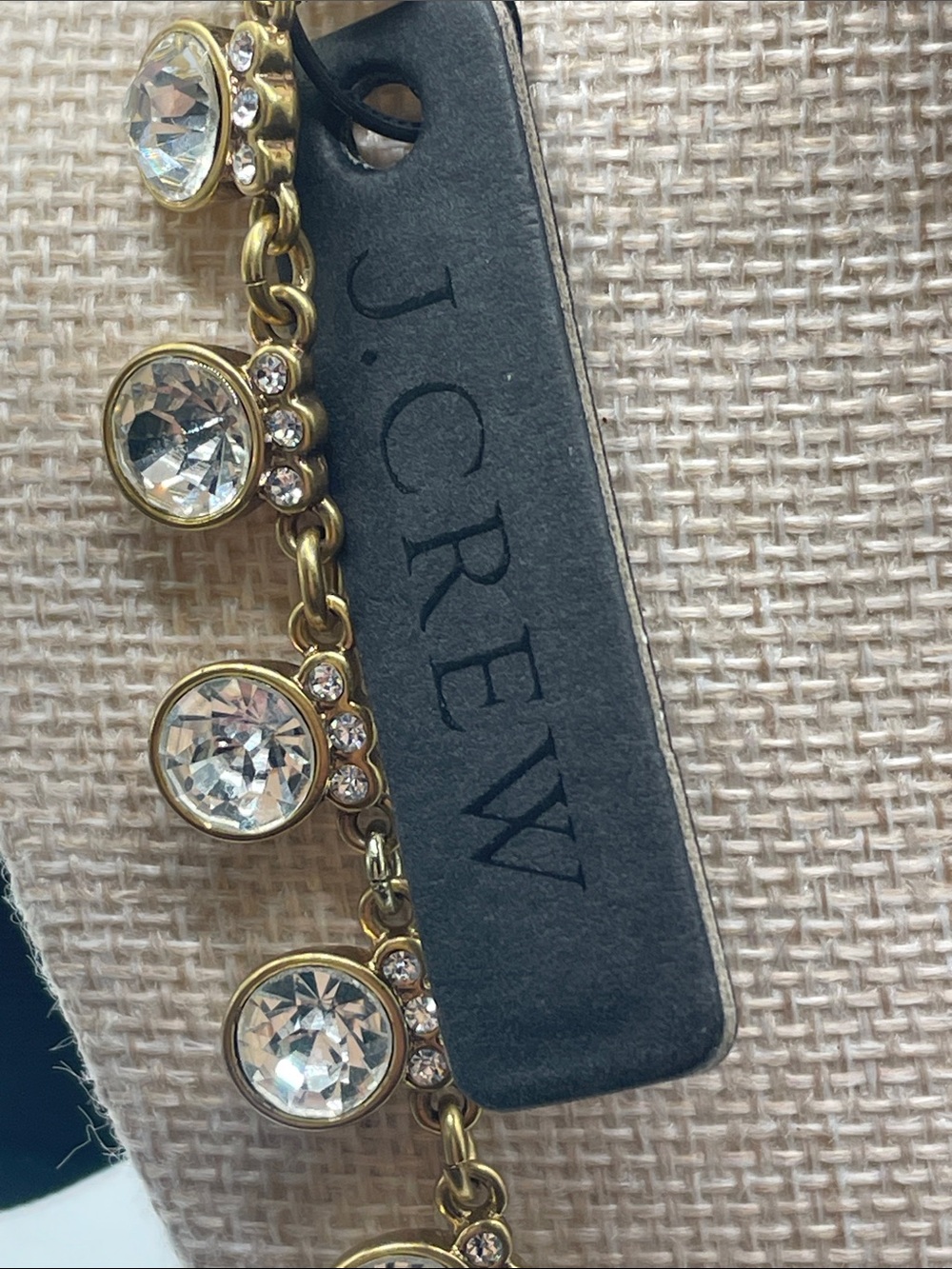 J. Crew Brass Gold Plated Necklace With Crystals and Black Ribbon Tie. Signed - Picture 1 of 7